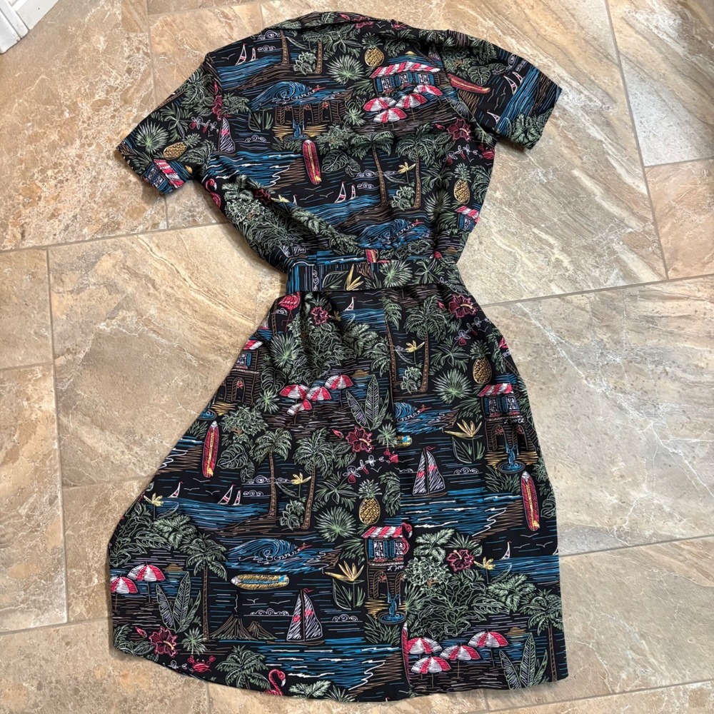 Denim & Co Tropical Beach Print Shirt Dress Black Short Sleeve Belted Womens M - Picture 3 of 7